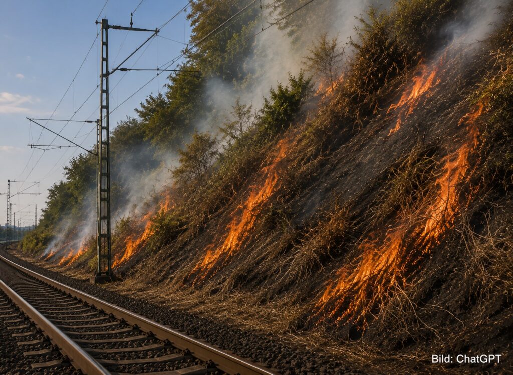Gleis an brennender Böschung, KI-Bild