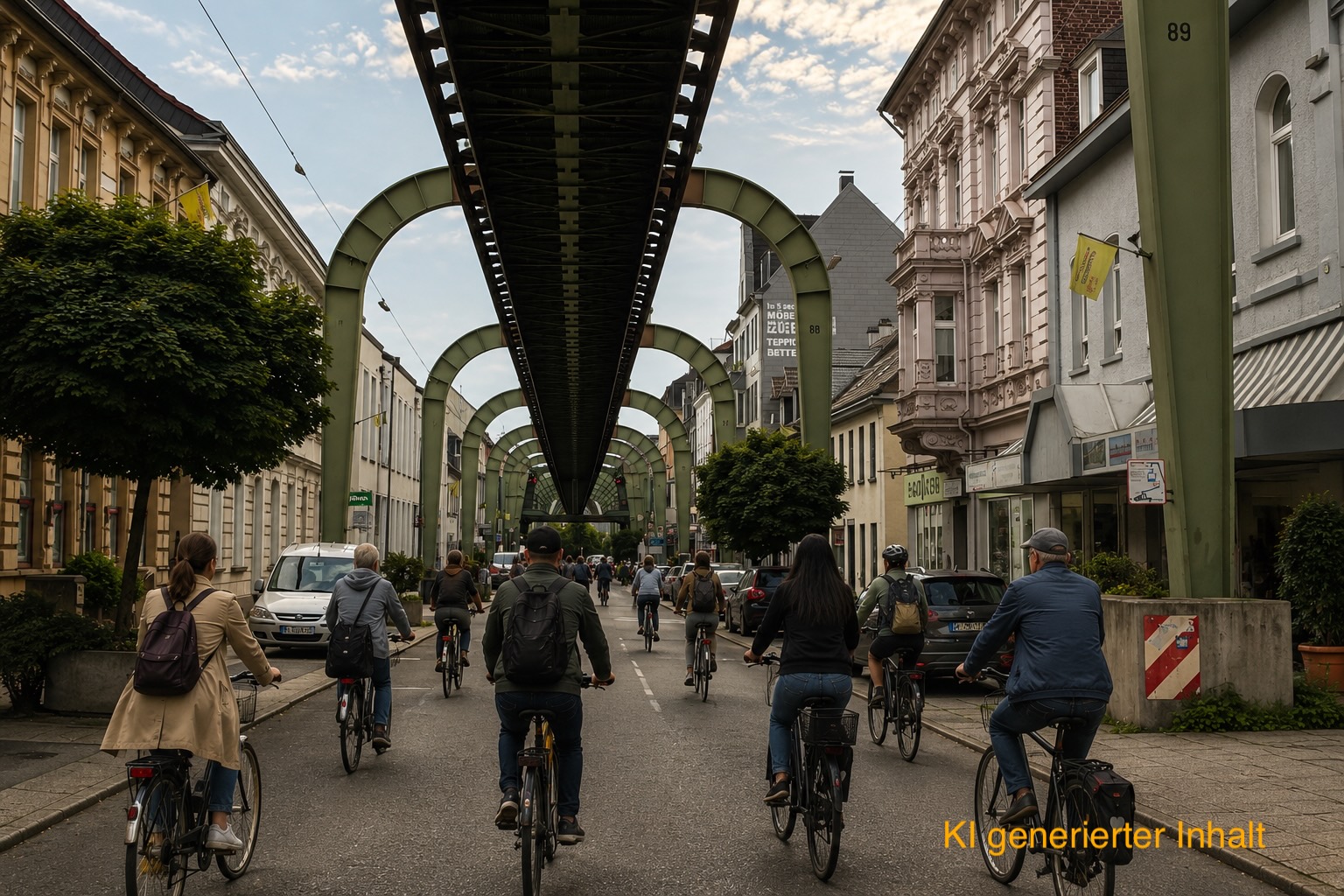 Fahrradfahrer in Wuppertal unter der Schwebebahn