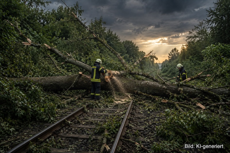 KI-generiertes Bild, Feuerwehrmänner zersägen Stämme auf einem Gleis, Hintergrund Gewitter