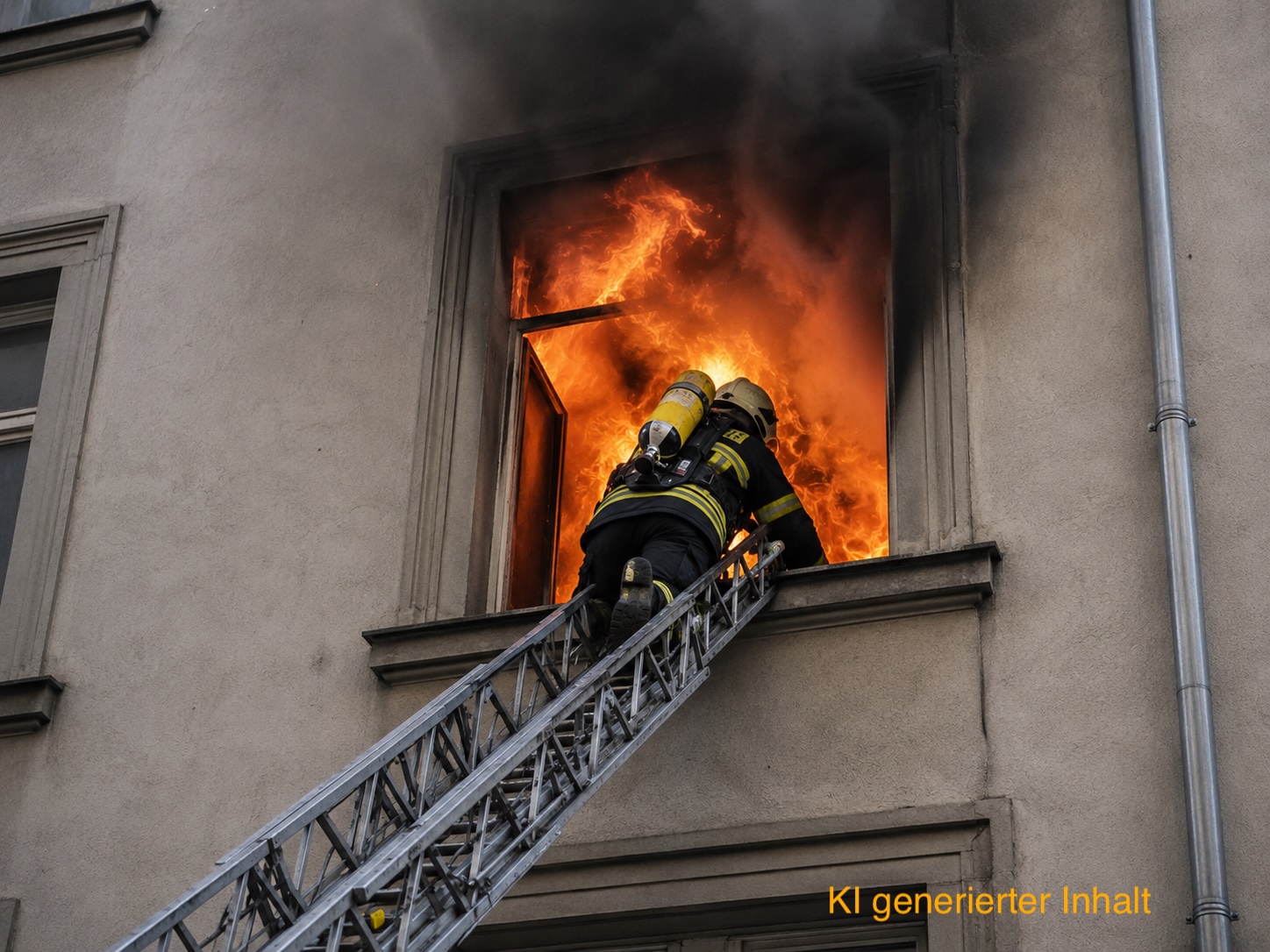 Feuerwehrmann auf Leiter vor Fenster aus dem Flammen schlagen (KI-generiert)