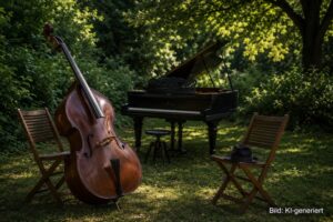 Bass und Hut auzf einem Stuhl im Park, dahinter ein Klavier, KI-generiertes Bild