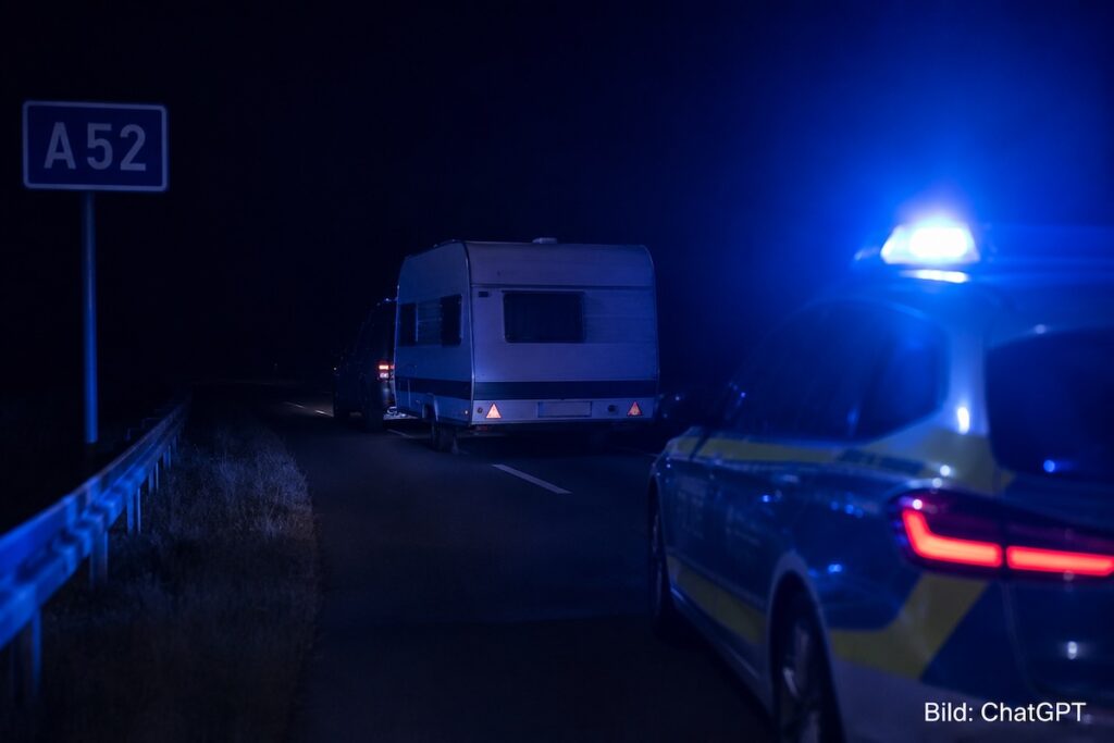 Polizeiauto hinter unbeleuchtetem Wohnwagen auf der Autobahn, KI-Bild